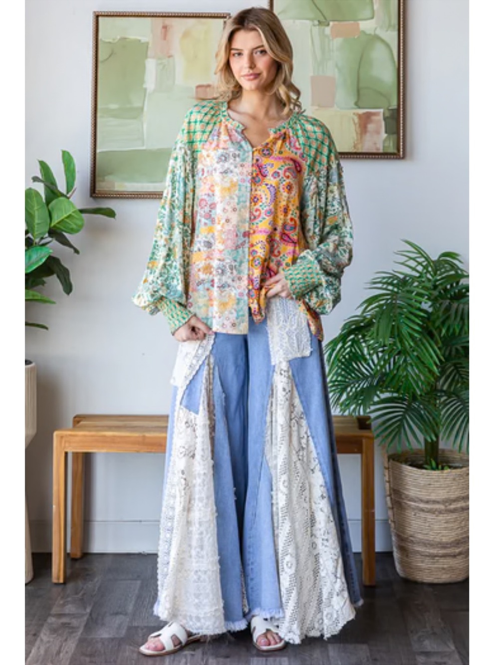 New: Oli & Hali Mixed Patchwork Button Front Long Balloon Sleeve Boho Blouse• XL - Picture 5 of 6